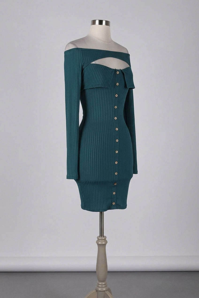 Women's Ribbed Off-Shoulder Cutout Button Front Mini Dress - photo 2
