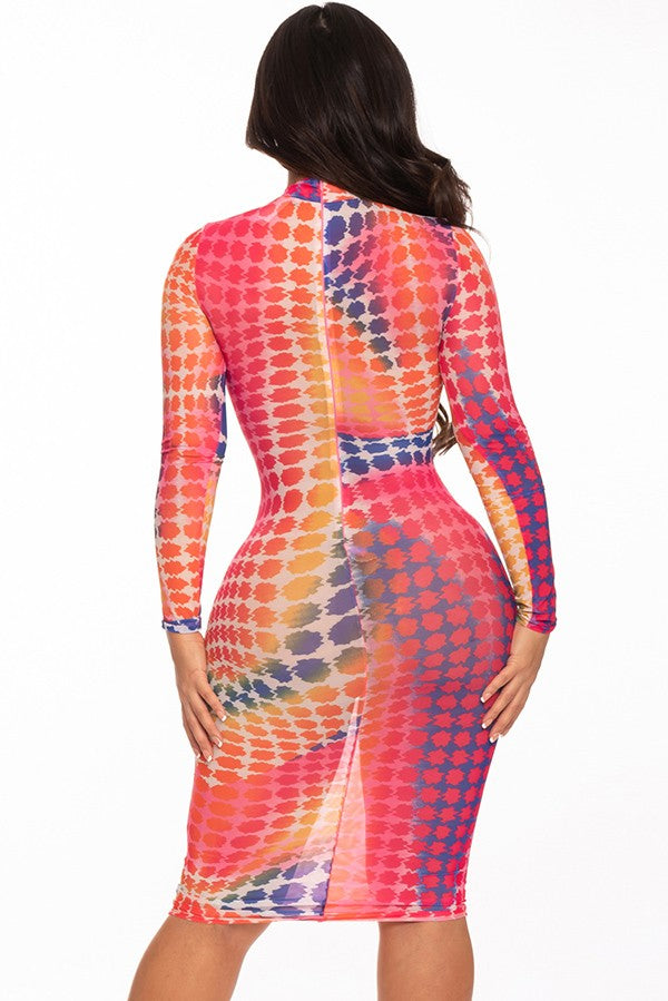 Women's Printed Mesh Mock Neck Long Sleeve Midi Dress - photo 3