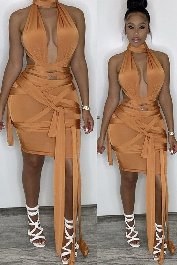 Women's Plunge Halter Wrap Top & Mini Skirt Set - photo 5