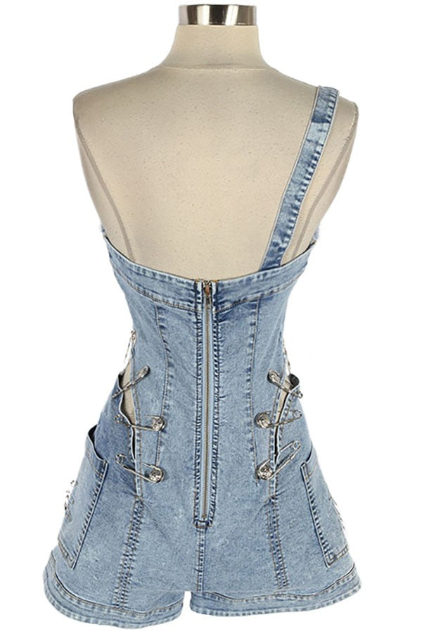 Women's One Shoulder Hardware Denim Jumpsuit - photo 3