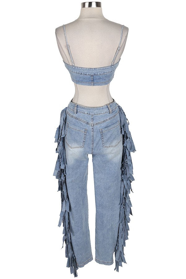 Women's Strapless Fringe Denim Jumpsuit - photo 3