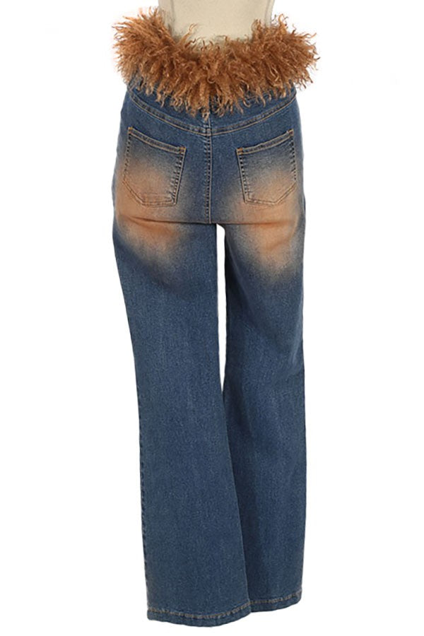 Women's Faux Fur Trim Low Rise Flare Jeans - photo 4
