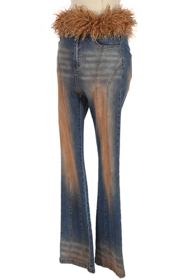Women's Faux Fur Trim Low Rise Flare Jeans - photo 3