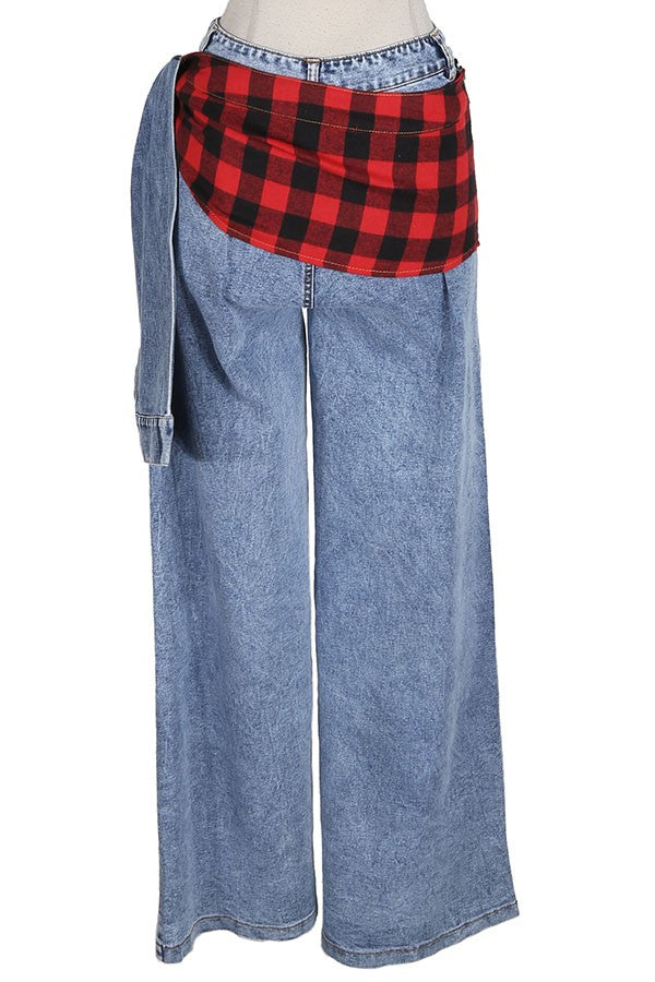 Women's Plaid Panel Patchwork Wide Leg Jeans - photo 3
