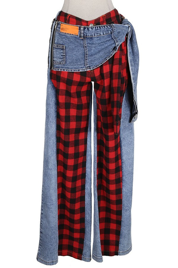 Women's Plaid Panel Patchwork Wide Leg Jeans