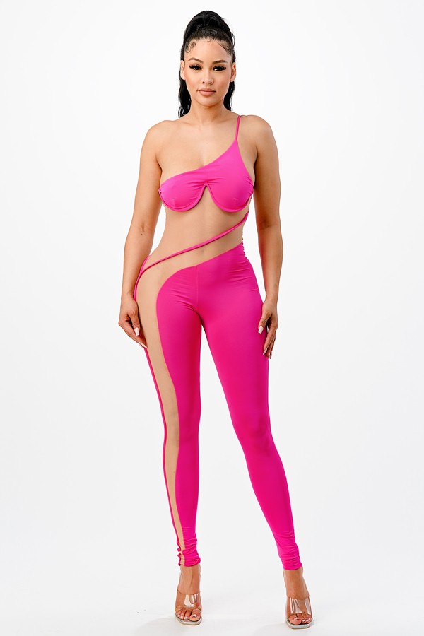 Women's One Shoulder Mesh Panel Jumpsuit