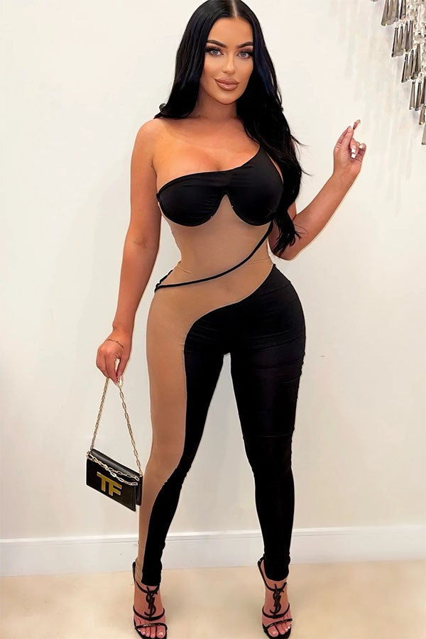 Women's One Shoulder Mesh Panel Jumpsuit
