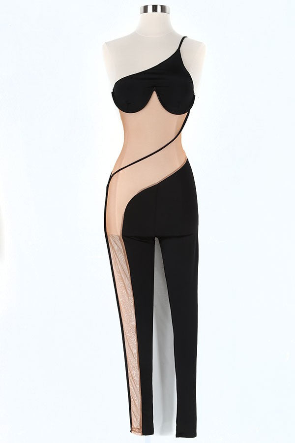 Women's One Shoulder Mesh Panel Jumpsuit - photo 2