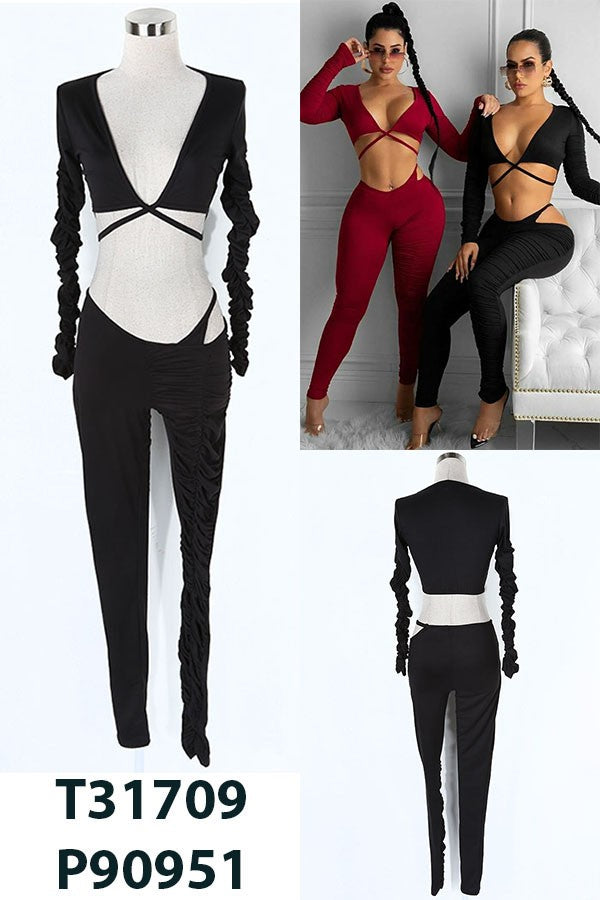 Women's black long sleeve crop top and leggings activewear set