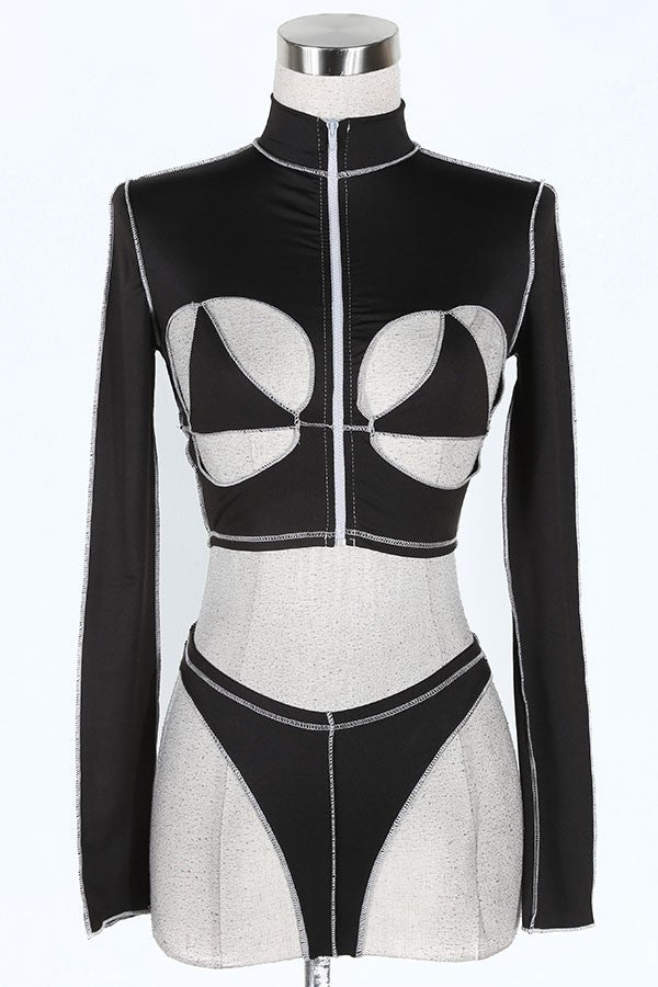 Women's black cutout long sleeve top and pants set