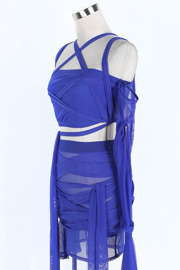 Women's blue strappy cutout halter top and mini skirt set - photo 3