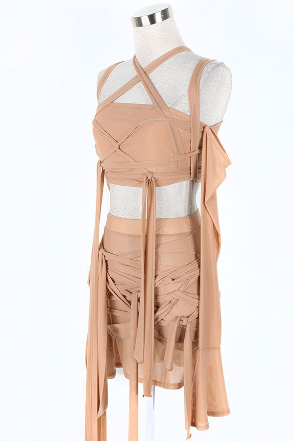 Women's mocha strappy cutout halter top and mini skirt set - photo 2
