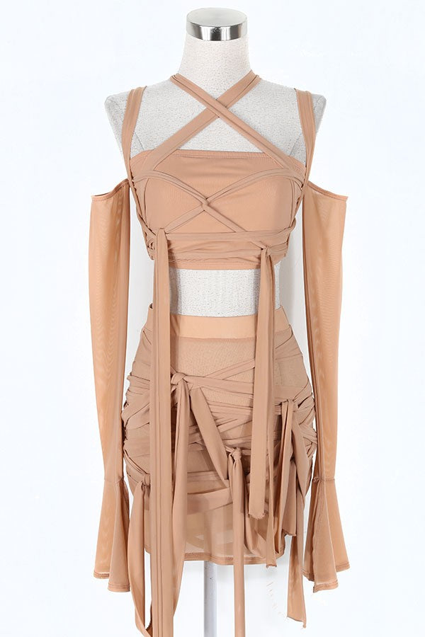 Women's mocha strappy cutout halter top and mini skirt set