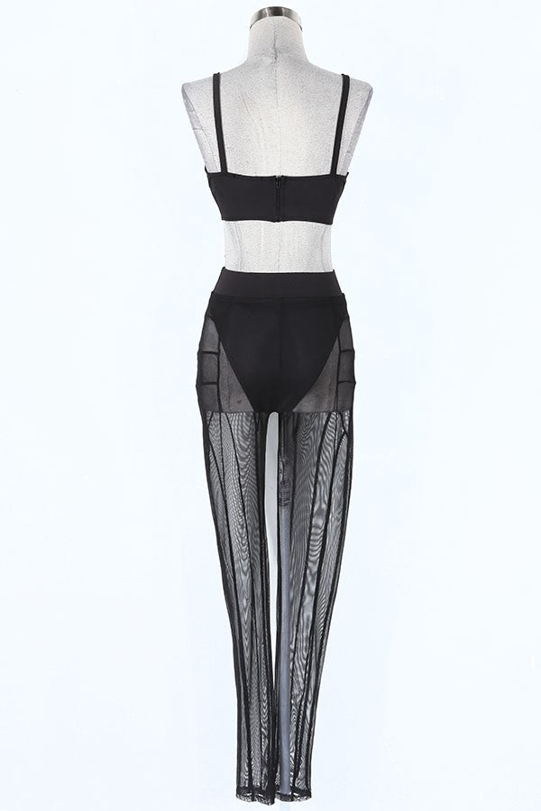 Women's black mesh bra top and leggings set - photo 3
