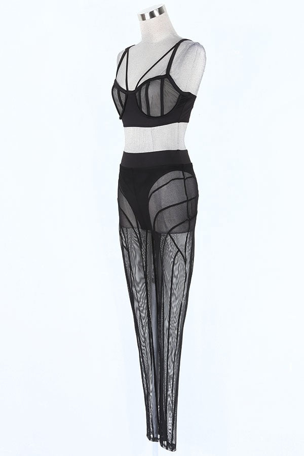 Women's black mesh bra top and leggings set - photo 2