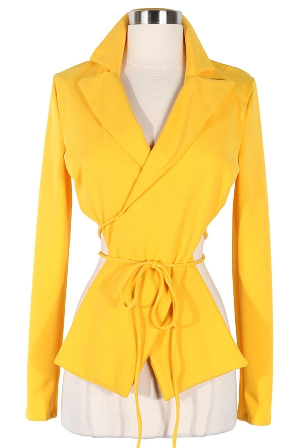 Women's yellow v-neck long sleeve tie-front top