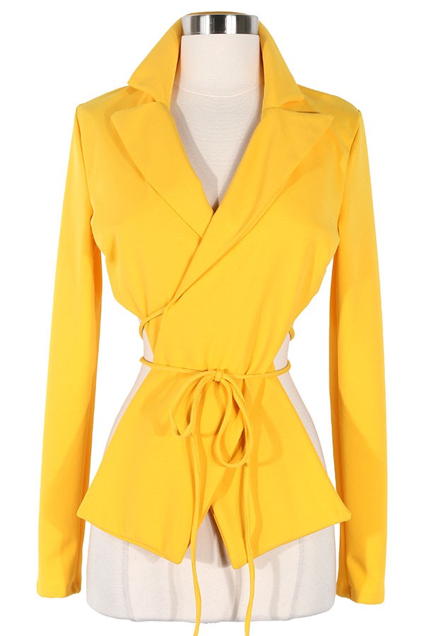 Women's yellow v-neck long sleeve tie-front top