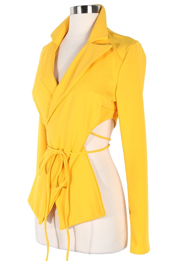 Women's yellow v-neck long sleeve tie-front top - photo 2