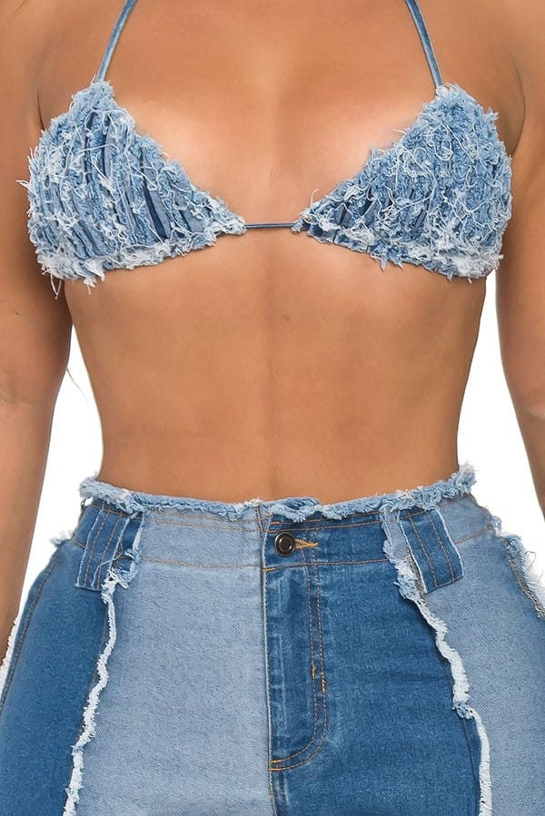 Women's Denim Bra Top & Flare Pants Set - photo 2
