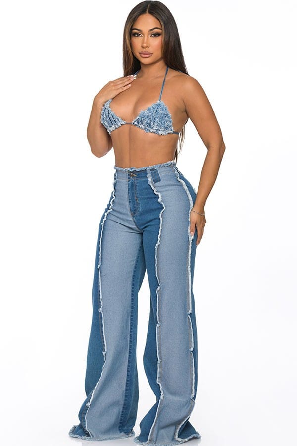 Women's Denim Bra Top & Flare Pants Set - photo 3