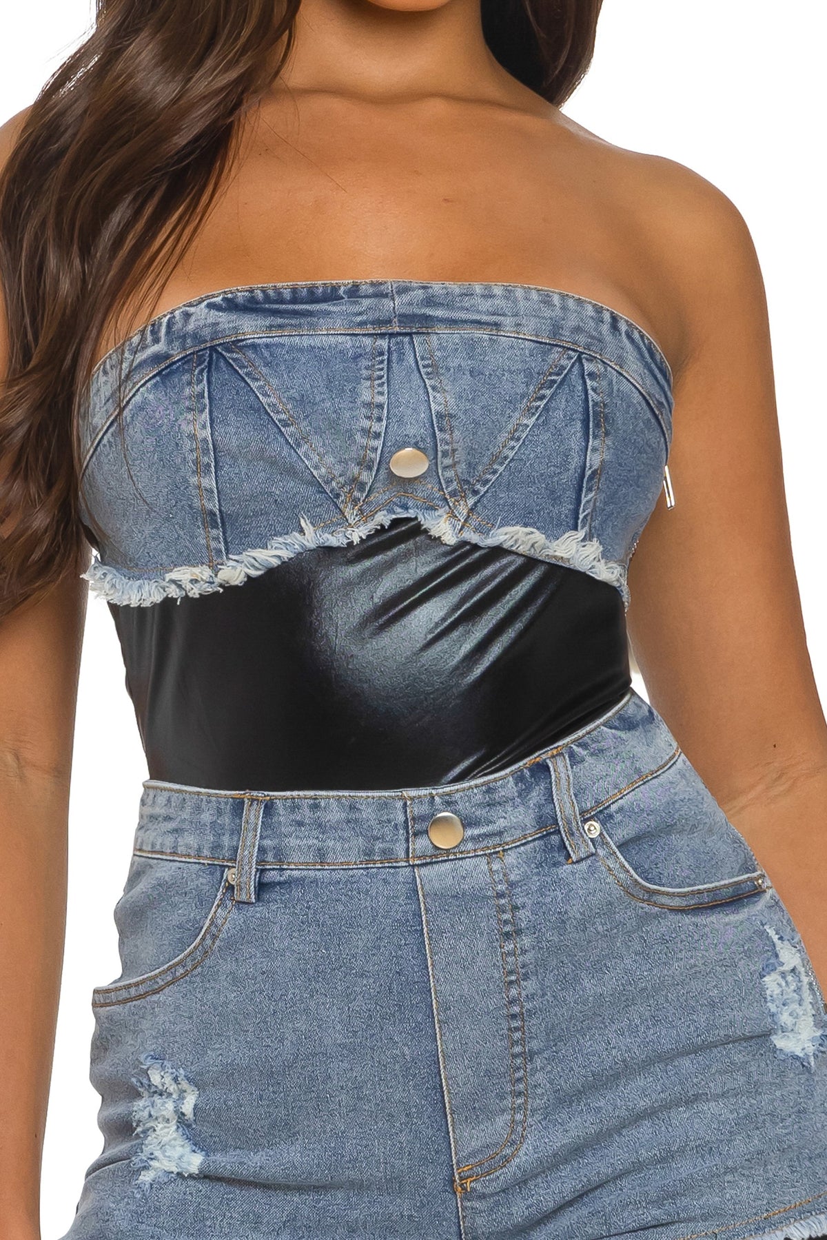 Women's Strapless Denim Bodice Contrast Pants Jumpsuit - photo 2