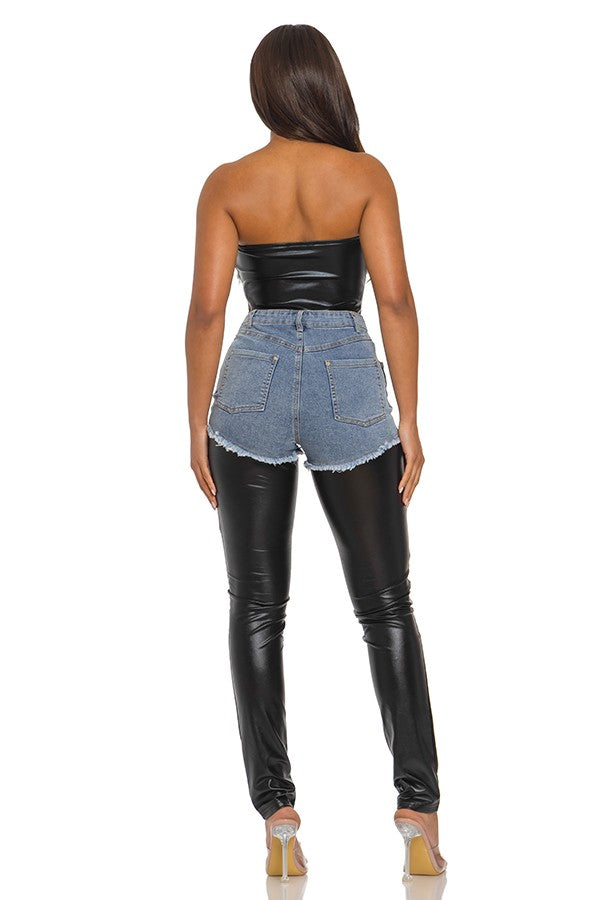 Women's Strapless Denim Bodice Contrast Pants Jumpsuit - photo 4
