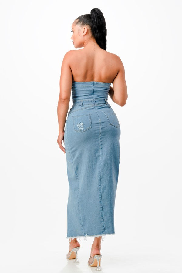 Women's Halter Side Slit Denim Maxi Dress - photo 4