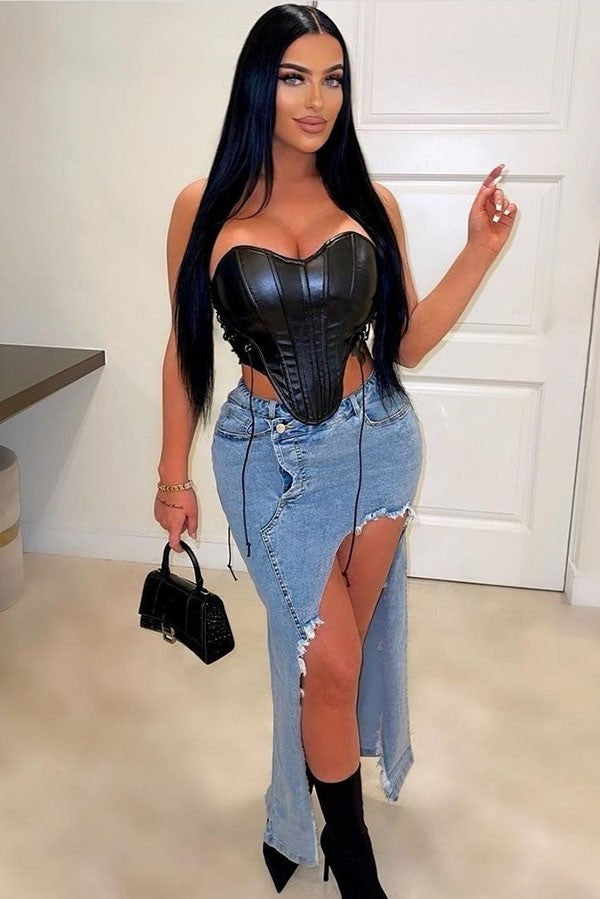 Women's High Slit Denim Midi Skirt