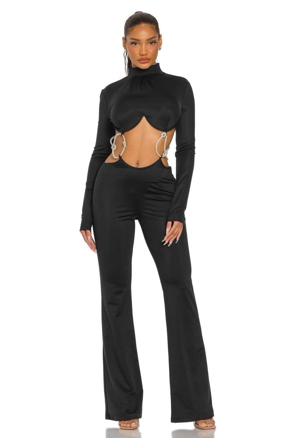 Women's Long Sleeve Cutout Flare Jumpsuit