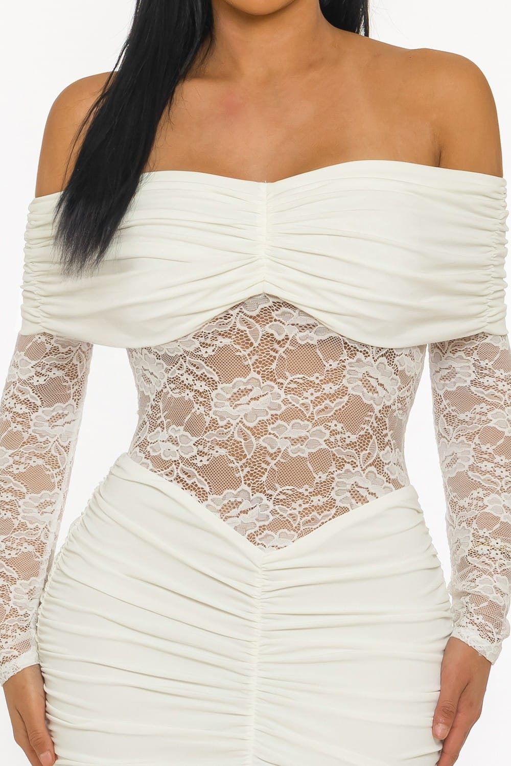 Women's Off-White Scarlet Muse Lace Off Shoulder Long Sleeve Mermaid Maxi Gown – detail view