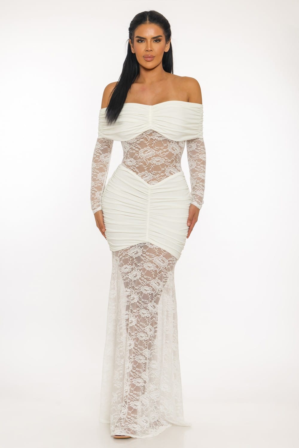 Women's Off-White Scarlet Muse Lace Off Shoulder Long Sleeve Mermaid Maxi Gown – back view