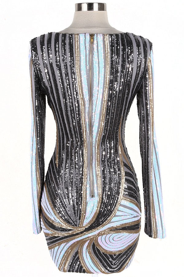 Women's Metallic Print Plunge Long Sleeve Mini Dress - photo 3