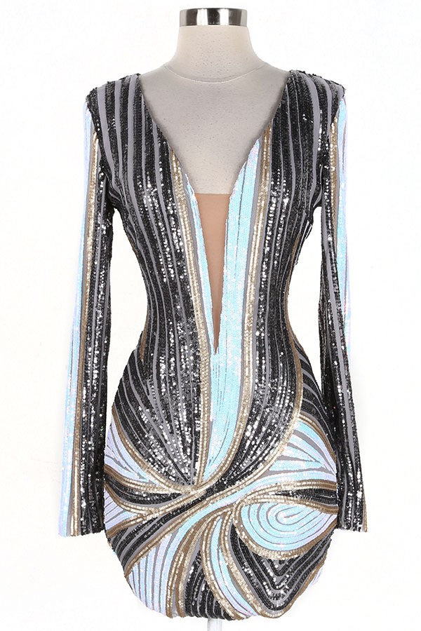 Women's Metallic Print Plunge Long Sleeve Mini Dress - photo 2
