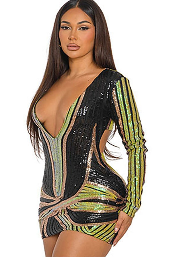Women's Metallic Print Plunge Long Sleeve Mini Dress
