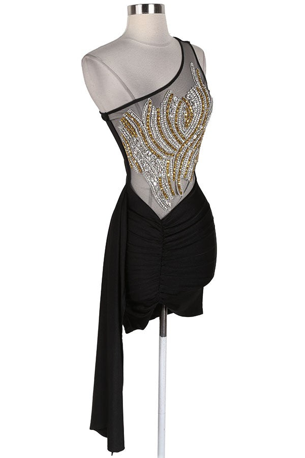 Women's Rhinestone One-Shoulder Sash Mini Dress - photo 2