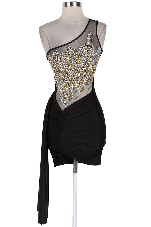 Women's Rhinestone One-Shoulder Sash Mini Dress