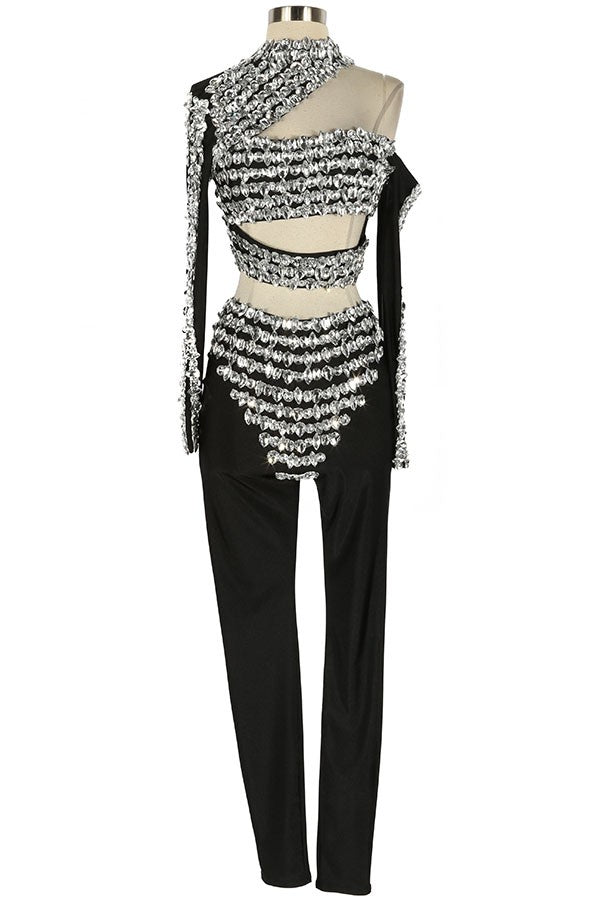 Women's Rhinestone Sheer Mesh Top & Pants Set