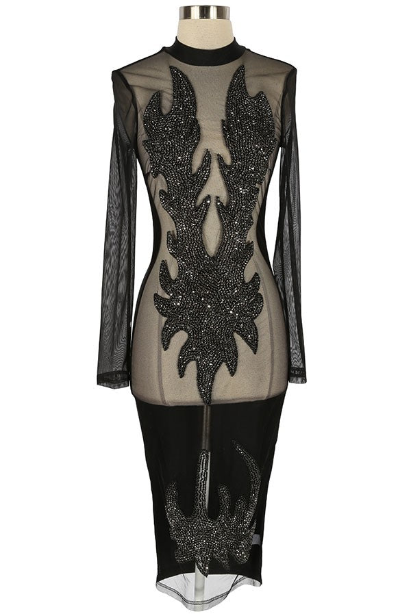 Women's Rhinestone Sheer Mesh Long Sleeve Midi Dress - photo 2