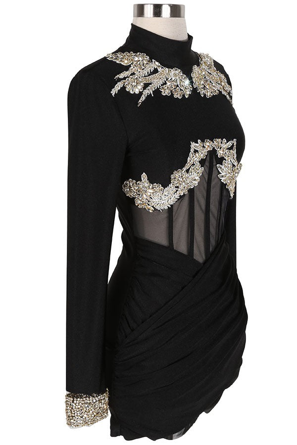Women's Pearl Applique Mock Neck Long Sleeve Mini Dress - photo 2