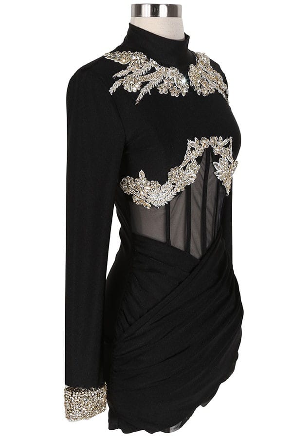 Women's Pearl Applique Mock Neck Long Sleeve Mini Dress - photo 2