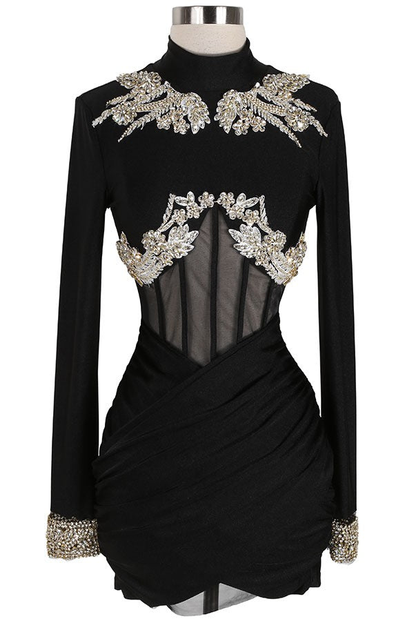 Women's Pearl Applique Mock Neck Long Sleeve Mini Dress
