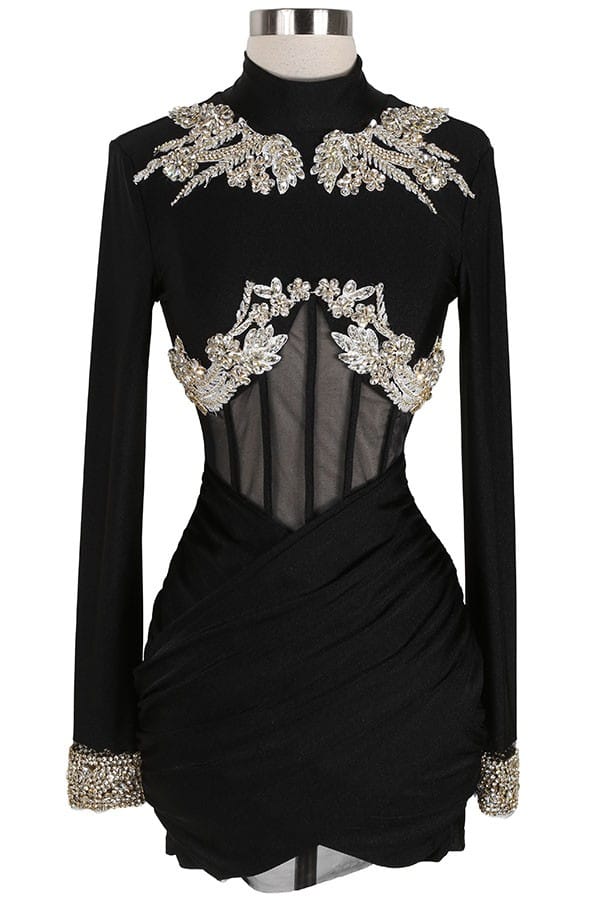 Women's Pearl Applique Mock Neck Long Sleeve Mini Dress