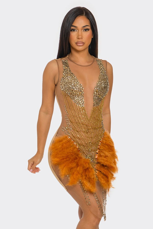 Women's Rhinestone Sheer Mesh Feather Mini Dress - photo 2