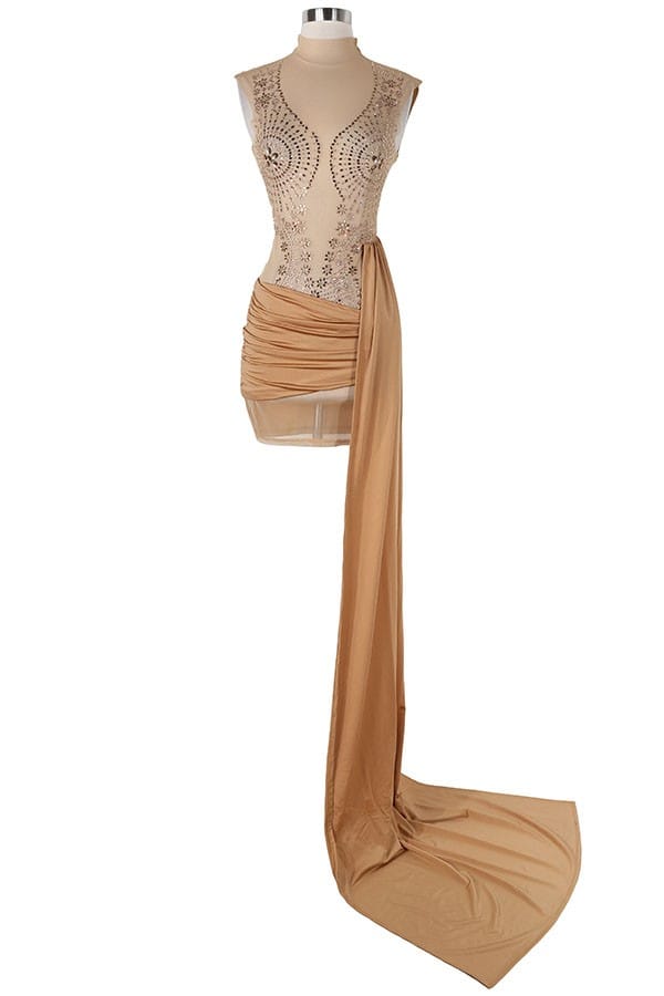 Women's gold satin one-shoulder draped sash mini dress - photo 2