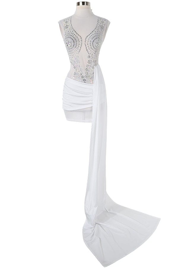Women's white satin one-shoulder draped sash mini dress - photo 2