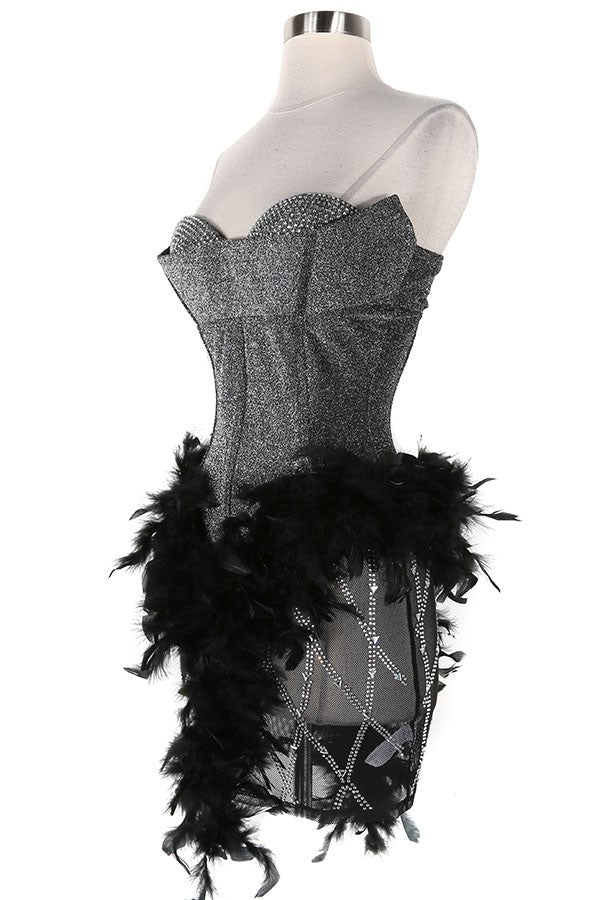 Women's black feather trim corset bustier mini dress - photo 2