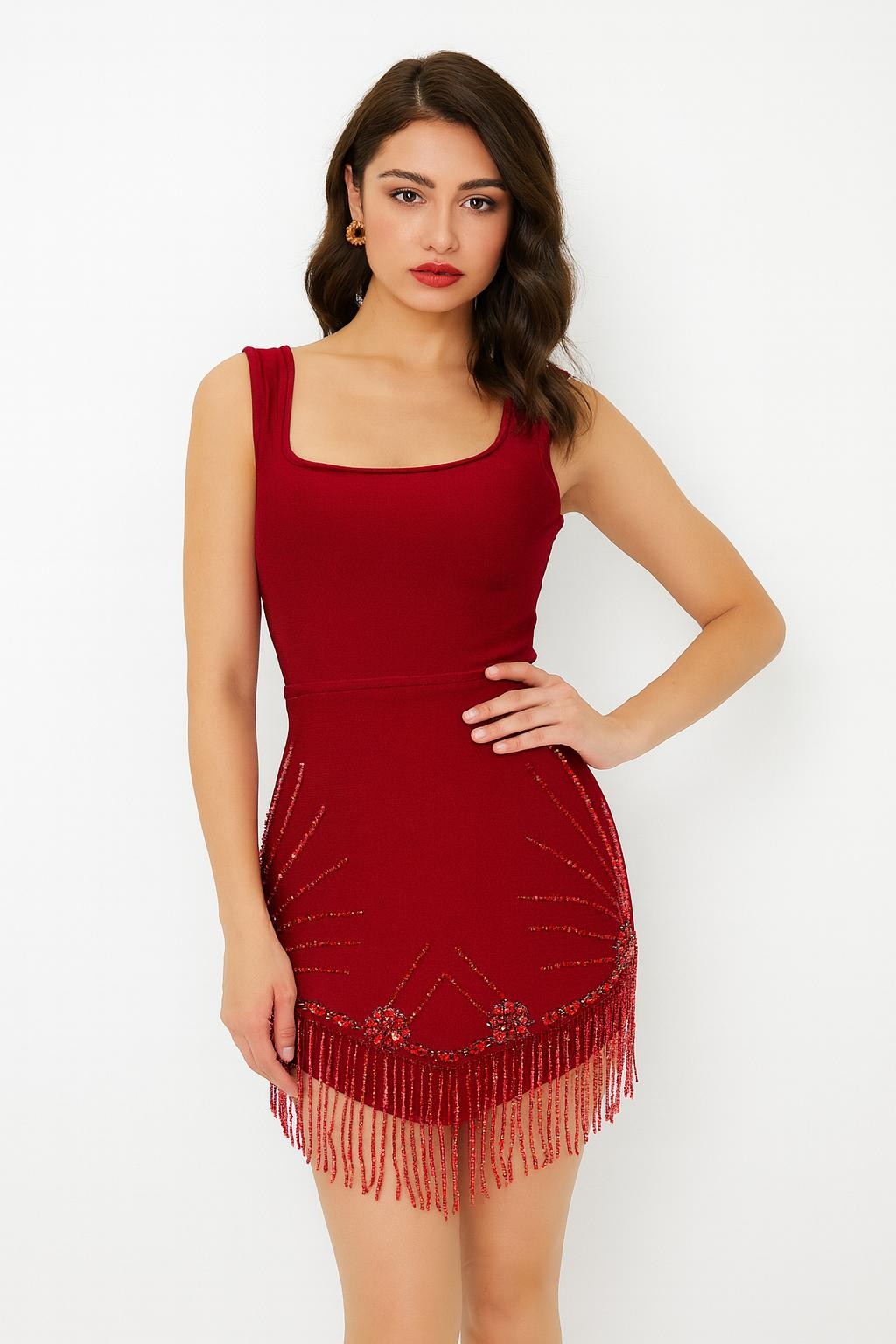 Women's red scoop neck fringe-hem bandage mini dress