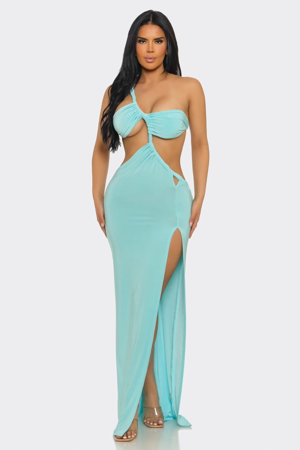 Women's Elara Studio One Shoulder Cutout Column Gown – full-length view