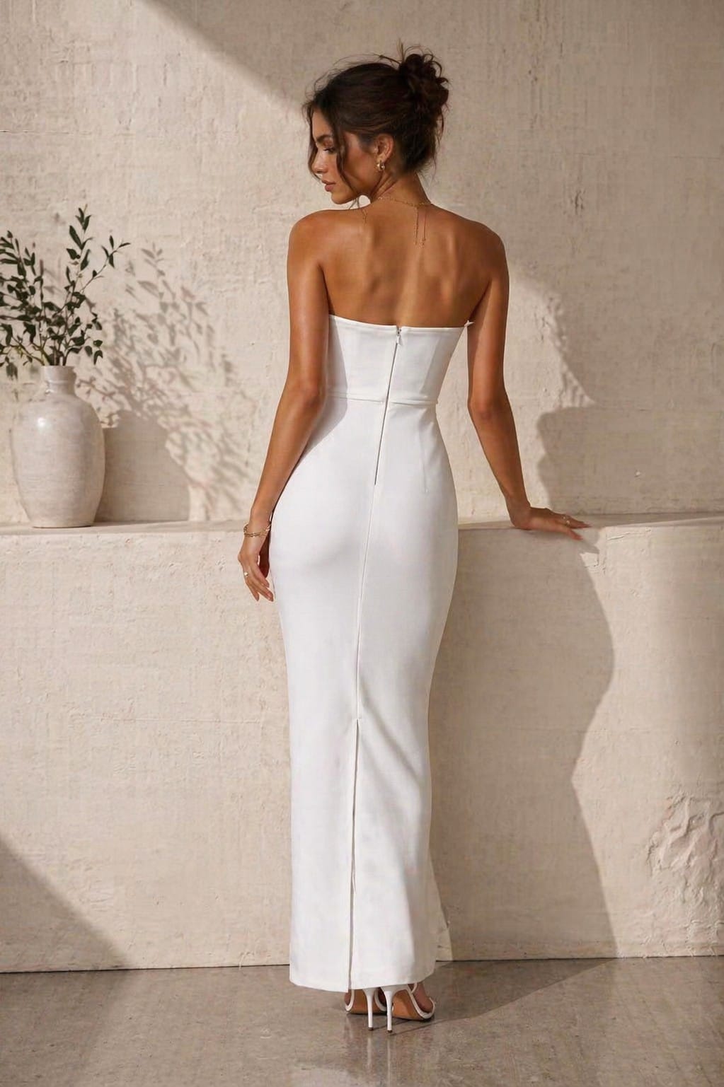 Women's white strapless pearl-studded bandage maxi dress - back