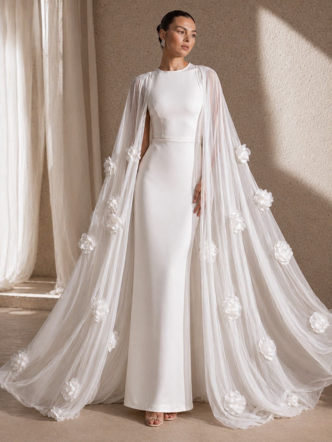 Women's white long sleeve maxi dress with 3D floral cape - photo 3